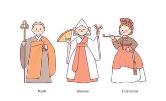 costumi di Joseon, un vecchio nazione nel Corea. un' monaco, un' santuario fanciulla, e un intrattenitore carattere. vettore