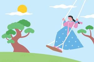 un' ragazza indossare un' hanbok è in piedi su un' oscillazione. sfondo con pino alberi. vettore
