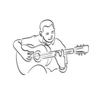avvicinamento uomo con acustico chitarra sedersi su sedia illustrazione vettore mano disegnato isolato su bianca sfondo linea arte.