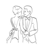 linea arte ritratto di un' giovane coppia nel nozze illustrazione vettore mano disegnato isolato su bianca sfondo