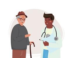 illustrazione di un' bianca anziano uomo parlando di il suo i problemi e sintomi per il giovane nero medico. medico, medicinale, assistenza sanitaria, anziano cura concetto illustrazione. vettore