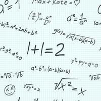 mano disegnato matematica formula modello. vettore senza soluzione di continuità illustrazione di formazione scolastica con umorismo. scuola esercizio libro con linea elementi scritto di penna, matematico formule, sorrisi e scritta. divertente studia