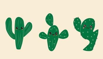 impostato di tre carino cartone animato cactus con kawaii occhi. vettore nel cartone animato stile tutti elementi siamo isolato