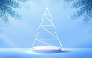 podio forma per mostrare cosmetico Prodotto Schermo per Natale giorno o nuovo anni. In piedi Prodotto vetrina su blu sfondo con albero Natale. vettore design.