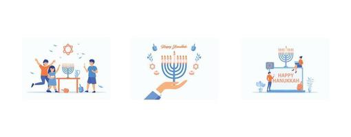 bambini festeggiare hanukkah di illuminazione candele nel il menorah, hanukkah menorah, tradizionale ebraico vacanza con minuscolo persone e simboli, impostato piatto vettore moderno illustrazione