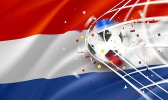 il palla nel il calcio rete. obbiettivo vettore concetto con bandiera di Olanda. 3d vettore bandiera con sfocatura effetto