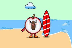 carino cartone animato lychee personaggio giocando fare surf vettore