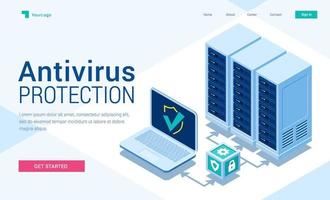 antivirus protezione isometrico atterraggio pagina bandiera vettore