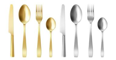 3d posate d'oro e argento forchetta, coltello e cucchiaio vettore