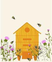 ape alveare nel il prato vettore azione illustrazione. fiori selvatici e api. cartolina. miele copertina logo. molla, medicinale erbe aromatiche nel il giardino.