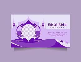 creativo eid al adha sociale media inviare e bandiera saluto con moderno pulito blu colore. orizzontale vettore illustrazione islamico sfondo con bellissimo moschea design