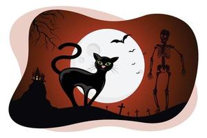 Halloween indietro gatto e uomo scheletro vettore illustrazione