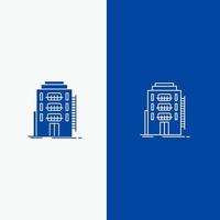 edificio città dormitorio ostello Hotel linea e glifo solido icona blu bandiera linea e glifo solido icona blu bandiera vettore