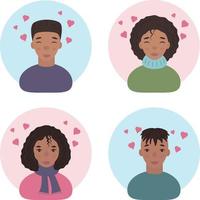 il facce di di carnagione scura le persone. avatar di contento nero uomini e donne. ritratti di sorridente persone su San Valentino S giorno. divertente facce con cuori sopra loro teste. vettore illustrazione