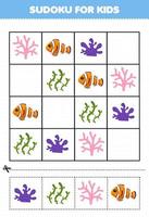 formazione scolastica gioco per bambini sudoku per bambini con carino cartone animato corallo pesce alga marina stampabile subacqueo foglio di lavoro vettore