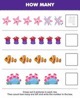 formazione scolastica gioco per bambini contare Come molti carino cartone animato stella marina anemone pesce corallo e Scrivi il numero nel il scatola stampabile subacqueo foglio di lavoro vettore