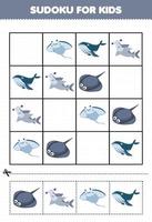 formazione scolastica gioco per bambini sudoku per bambini con carino cartone animato Stingray martello squalo manta balena stampabile subacqueo foglio di lavoro vettore