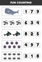 formazione scolastica gioco per bambini divertimento conteggio e la scelta il corretta numero di carino cartone animato balena aragosta orca riccio Stingray stampabile subacqueo foglio di lavoro vettore