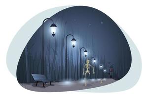 Halloween scheletro a piedi su strada vettore illustrazione