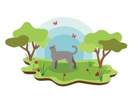 carino azienda agricola animali gatto con primavera paesaggio. vettore cartone animato illustrazione