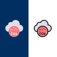 aria Carbone biossido co2 inquinamento icone piatto e linea pieno icona impostato vettore blu sfondo