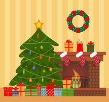 accogliente vivente interno Natale con rosso divano, i regali, e albero. vettore piatto stile illustrazione.