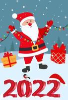 carino Natale e nuovo anno carta con Santa Claus e lettering 2022 vettore