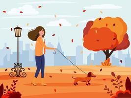 autunno paesaggio. il ragazza passeggiate con il cane. autunno sfondo. vettore illustrazione nel piatto stile.
