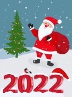 carino Natale e nuovo anno carta con Santa Claus e lettering 2022 vettore