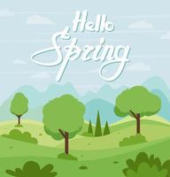 Ciao primavera saluto carta. carino illustrazione Ciao molla, paesaggio. vettore