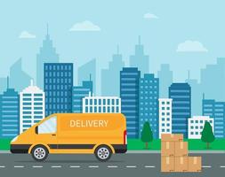 gratuito casa consegna servizio di furgone. giallo auto con pila di pacco scatole su città strada sfondo. piatto stile vettore illustrazione.