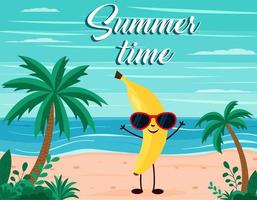 divertente estate spiaggia sfondo con Banana frutta carattere. cartone animato stile. estate tempo cartolina vettore