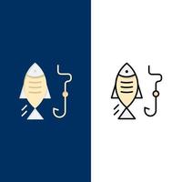 pesca pesce gancio a caccia icone piatto e linea pieno icona impostato vettore blu sfondo