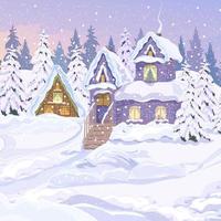 meraviglioso inverno paesaggio. carino rustico case con un' veranda e le scale su un' innevato collina. abete alberi coperto con neve, cumuli di neve. inverno villaggio paesaggio. inverno vacanza giorno vettore