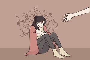 porzione mano, sostegno, depressione concetto. qualcuno dando mano per depresso pianto infelice donna seduta su pavimento con negativo pensieri nel coperta vettore illustrazione