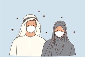 individuale protezione contro coronavirus infezione concetto. musulmano marito e moglie cartone animato personaggi indossare protettivo medico maschere per virus prevenzione in piedi all'aperto vettore illustrazione