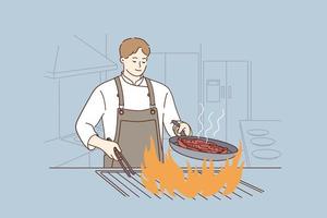 professionale chef, cucinando, gustoso cibo concetto. sorridente uomo capocuoco cucinando delizioso succoso Manzo bistecca su fiammeggiante griglia nel ristorante preparazione cibo nel moderno ristorante cucina vettore illustrazione