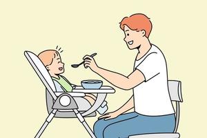 giovane papà feed bambino seduta nel seggiolone a partire dal cucchiaio. contento paternità. uomo dà cibo per il suo poco figlio. amore nel famiglia, cura per bambino che fa i primi passi. vettore contorno linea colorato illustrazione.