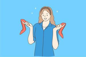 alla moda rosso alto tacchi scarpe e affascinante calzature concetto. giovane bella sorridente donna cartone animato personaggio in piedi e Tenere paio di elegante rosso scarpe nel mani al di sopra di blu sfondo vettore