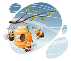 carino cartone animato api trasportare miele per il alveare su un' albero ramo. figli di illustrazione per Abiti, libri, manifesti, eccetera vettore