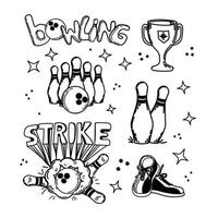 un' impostato di disegnato a mano elementi con un' bowling tema. bowling sfera, spille, scarpe. manoscritto sciopero iscrizione. palla spacca spille. volante palla nel il obbiettivo. birilli. gli sport. il gioco. colpo, vincere vettore