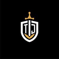 creativo lettera tj logo gioco esport con scudo e spada design idee vettore
