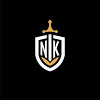 creativo lettera nk logo gioco esport con scudo e spada design idee vettore