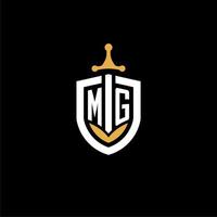 creativo lettera mg logo gioco esport con scudo e spada design idee vettore