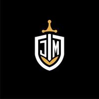 creativo lettera jm logo gioco esport con scudo e spada design idee vettore