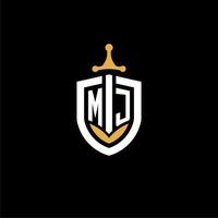 creativo lettera mj logo gioco esport con scudo e spada design idee vettore