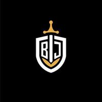 creativo lettera bj logo gioco esport con scudo e spada design idee vettore