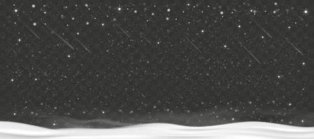 inverno scena notte stellato cielo, neve caduta su trasparente sfondo, vettore luminosa calma tranquillo sereno luccichio luce stellare scintilla scintillio crepuscolo polvere nube crepuscolo forma su cumuli di neve, Natale bandiera