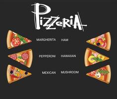 impostato fetta Pizza peperoni, hawaiano, Margherita, messicano, frutti di mare, capricciosa. vettore incisione illustrazione per menù, scatola. vettore illustrazione