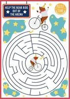 circo labirinto per bambini con orso su bicicletta. divertimento mostrare prescolastico stampabile attività con carino animale esecutore su bicicletta. divertimento Festival labirinto gioco o puzzle vettore